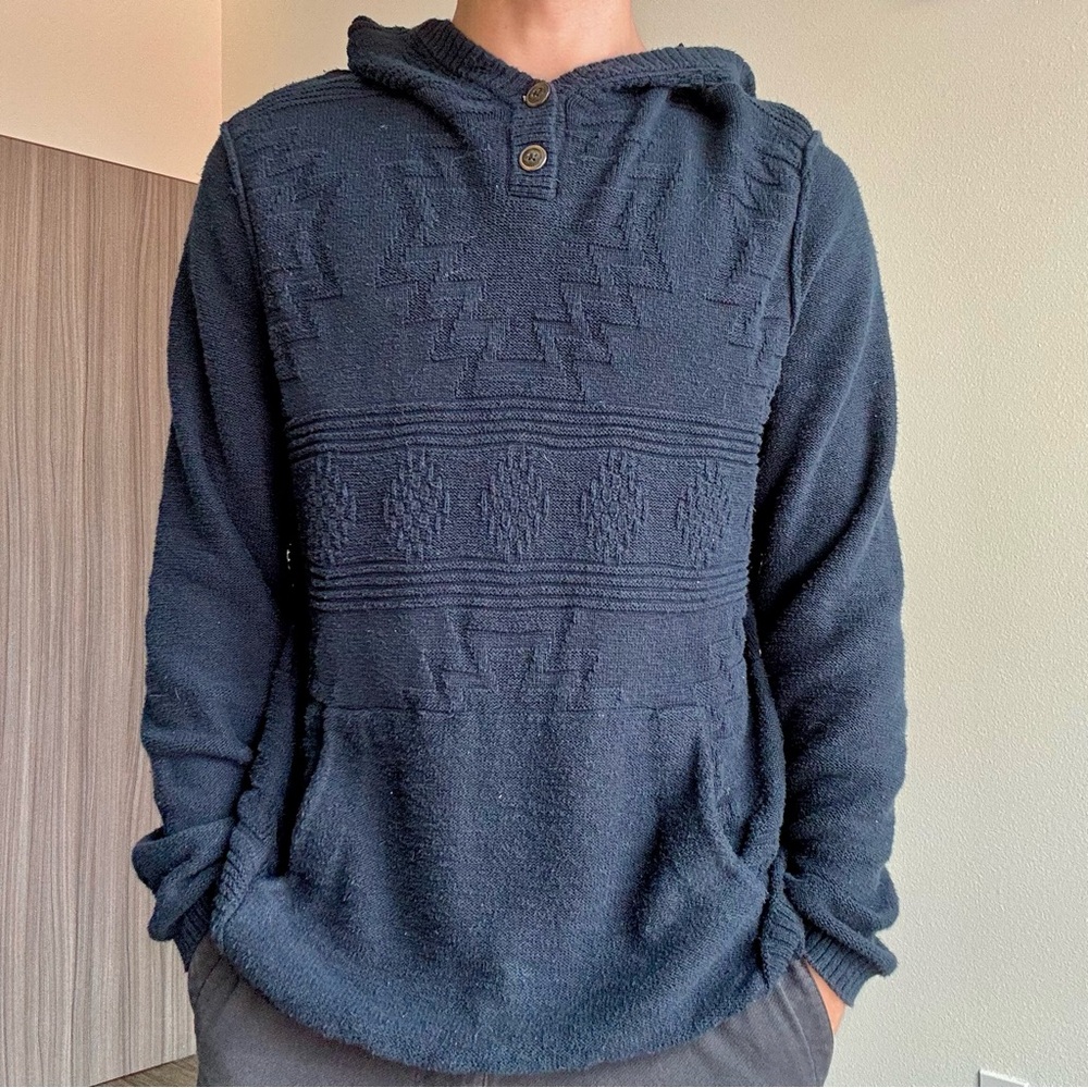American Eagle Navy Blue Hooded Pullover with Button Detail